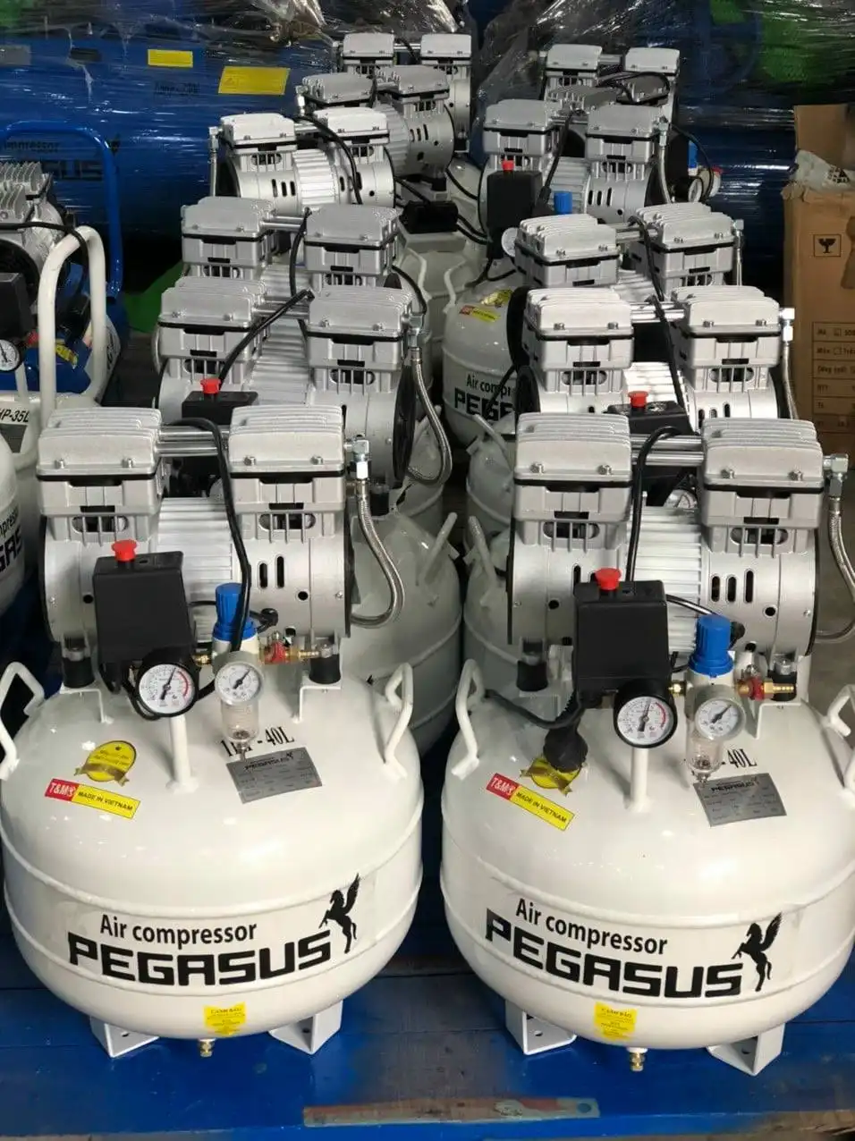 Giá máy nén khí nha khoa các loại 75 Máy nén khí nha khoa không dầu giảm âm Pegasus 40L 0.75HP